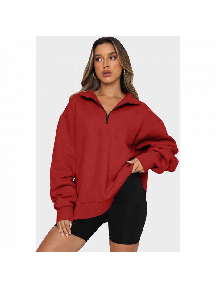 Shi Ying Zipper Lapel Large Sweater Women's Solid Loose Versatile Top