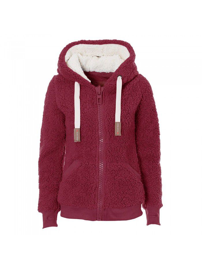 Autumn and Winter Hooded Plush Cardigan Long Sleeve Sweater Women's Jacket Loose Coat 