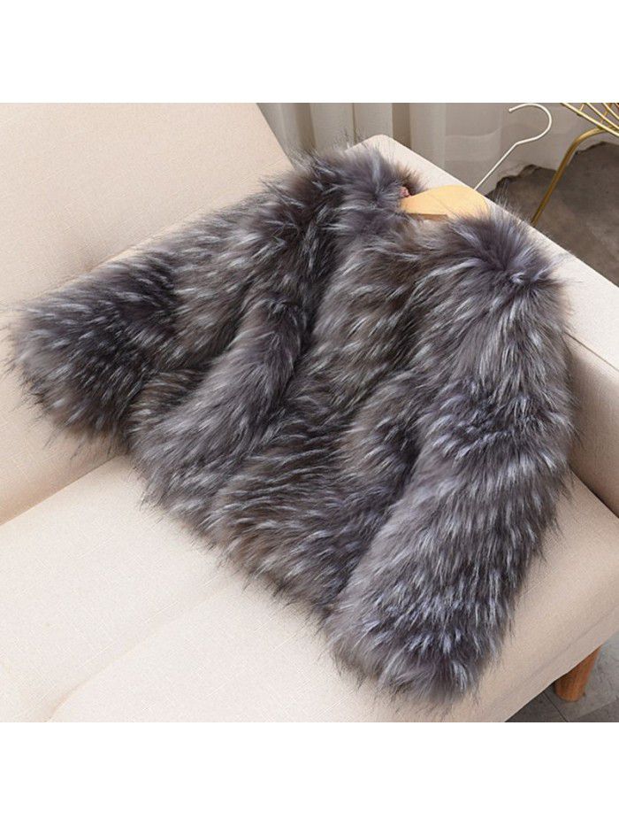 Autumn and Winter New Silver Fox Slim Korean Edition Imitation Fur Raccoon Dog Hair Round Neck Children's Fur Coat Fashion Cotton Coat