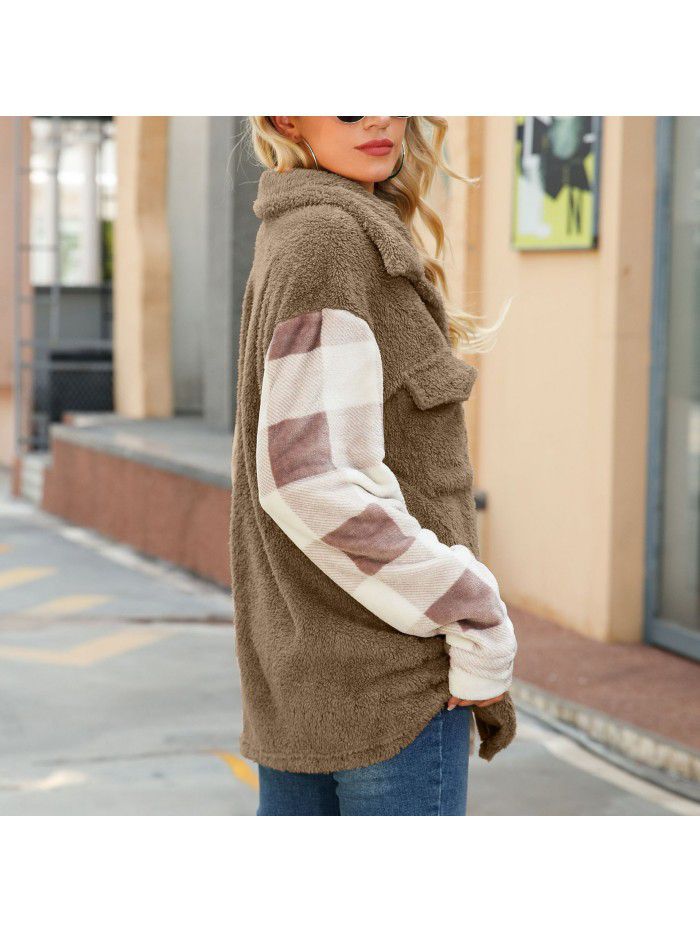 Autumn and winter women's casual long sleeved lapel contrast plaid single breasted knitted jacket