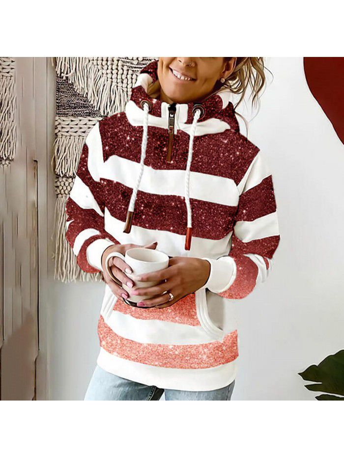 Autumn and winter women's printed hooded drawstring sweater loose fitting casual sweater for women