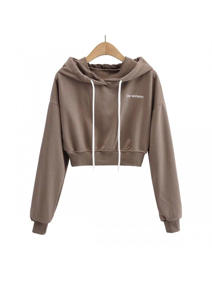 Letter embroidered hooded short lace up long sleeved pullover casual sweater