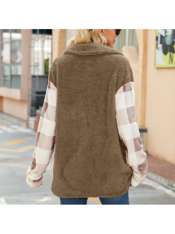 Autumn and winter women's casual long sleeved lapel contrast plaid single breasted knitted jacket