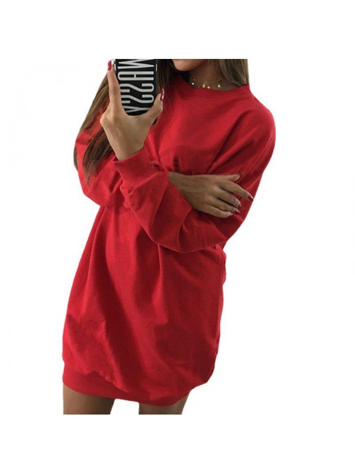 Winter New Casual Round Neck Solid Color Mid length Sweater Dress for Women