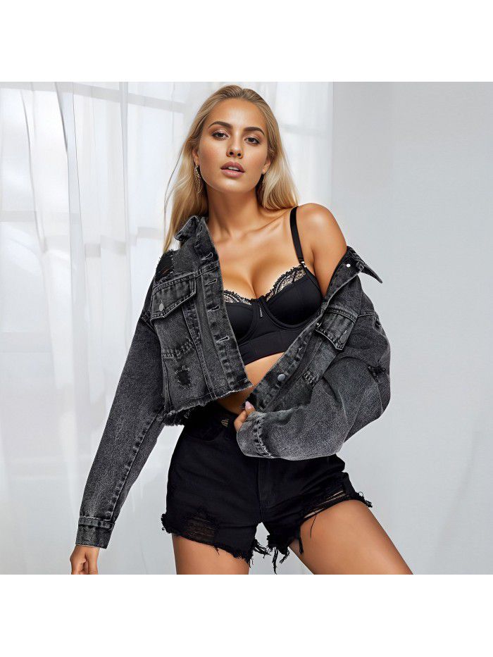 Denim jacket fashionable worn-out hole casual denim jacket