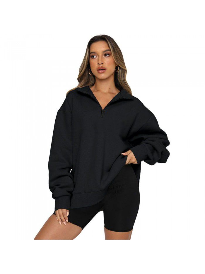 Shi Ying Zipper Lapel Large Sweater Women's Solid Loose Versatile Top