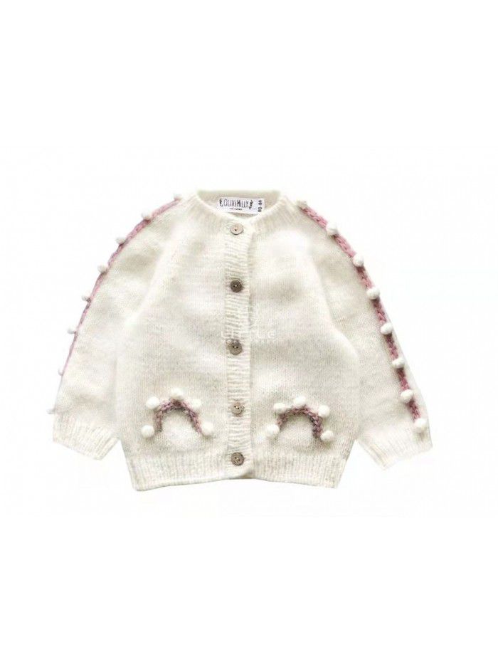 Handmade embroidery small crowd rainbow ball children's cardigan sweater girls coat 