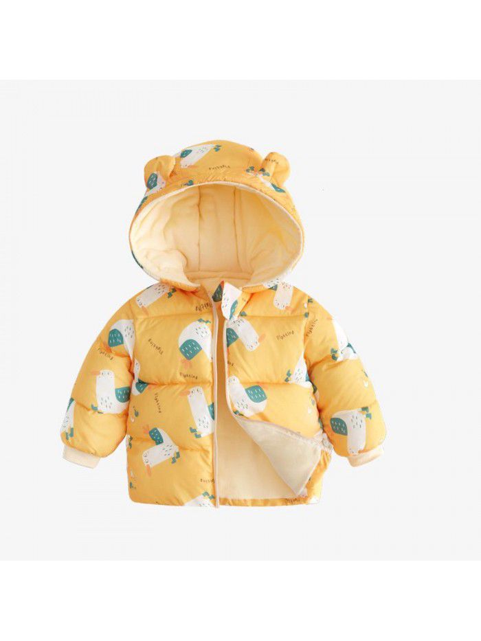 Baby's down cotton jacket, autumn and winter outdoor wear, foreign style plush hooded jacket, cute warm winter coat for boys and girls 