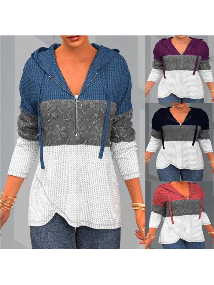 Autumn and Winter Temperament Hooded Colorful Zipper Sweater for Women