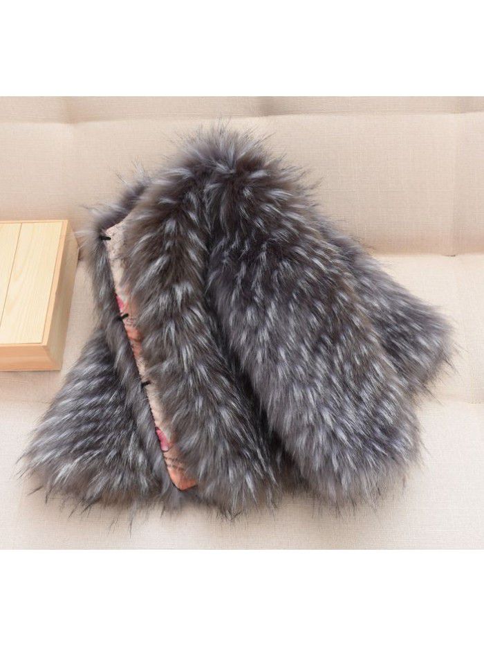 Autumn and Winter New Silver Fox Slim Korean Edition Imitation Fur Raccoon Dog Hair Round Neck Children's Fur Coat Fashion Cotton Coat