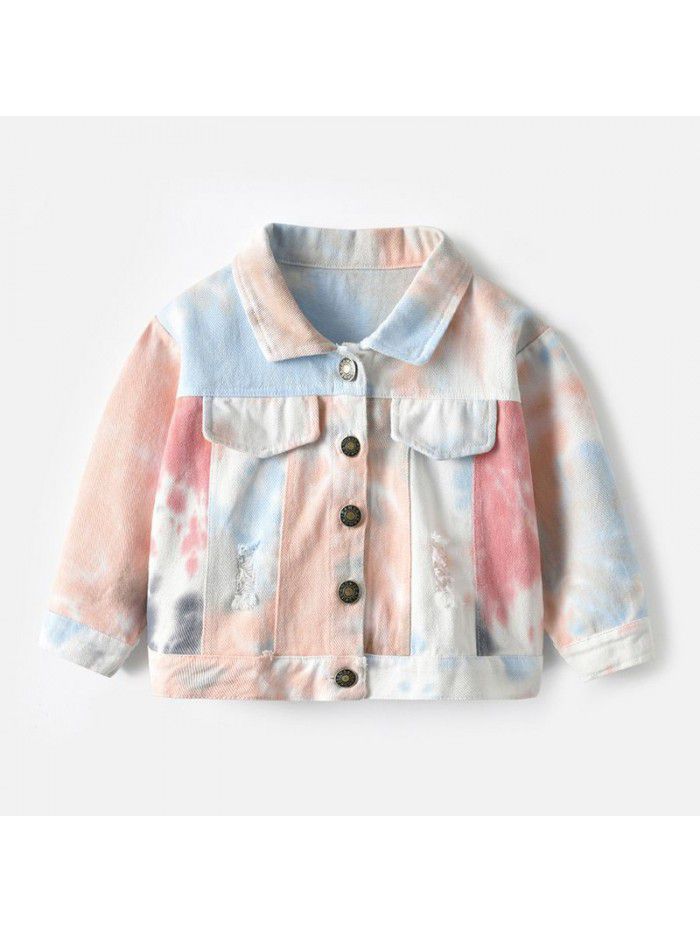 Neutral tie dyed short denim jacket New children's lapel long sleeved denim jacket