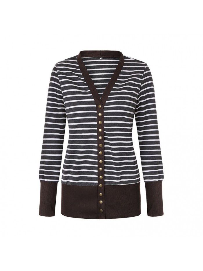 Women's striped patchwork medium length long sleeved single breasted cardigan jacket