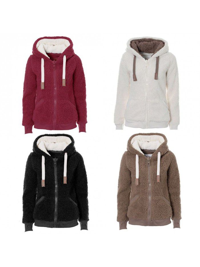 Autumn and Winter Hooded Plush Cardigan Long Sleeve Sweater Women's Jacket Loose Coat 