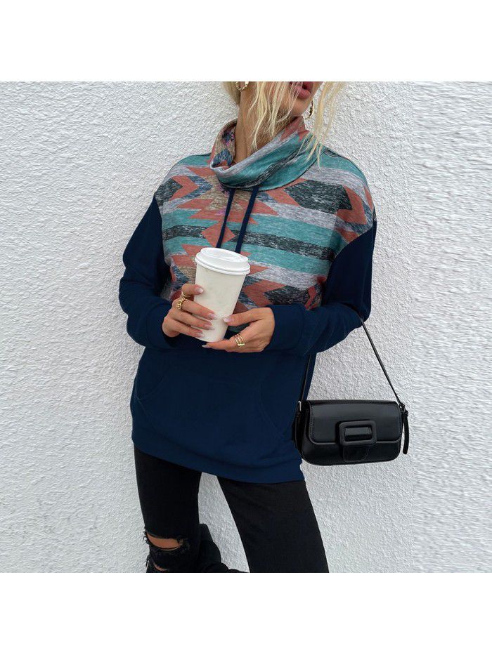 Autumn and Winter New Stacked Collar Pullover Fashion Printed Color Block Women's Sweater