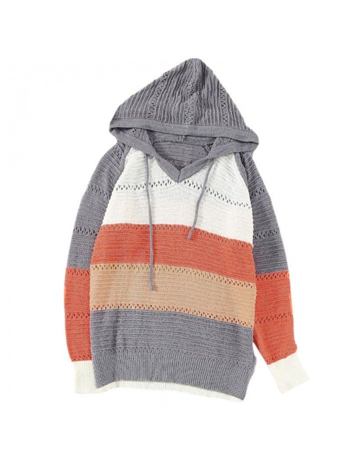 Knitted striped hooded sweater for women Spring and Autumn new long sleeved loose colored pullover top for women