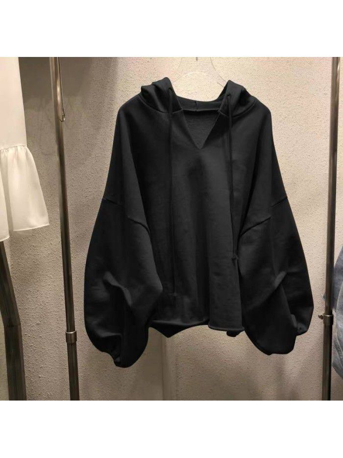 Cotton sweater Women's hooded Spring and Autumn New Thin Loose Korean version Solid V-neck Student Top Women's Wear 