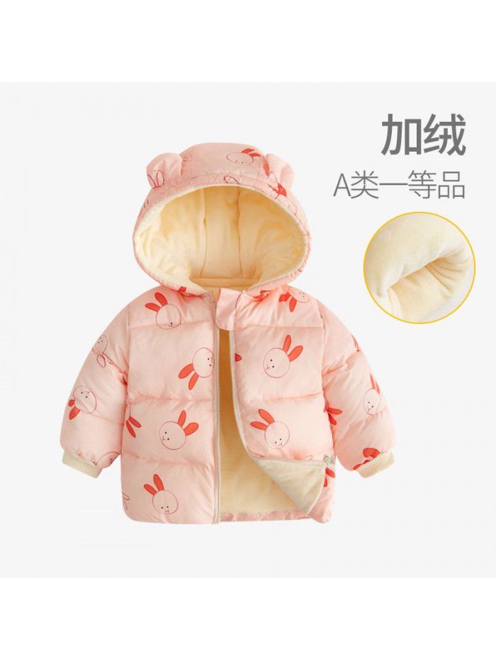 Baby's down cotton jacket, autumn and winter outdoor wear, foreign style plush hooded jacket, cute warm winter coat for boys and girls 