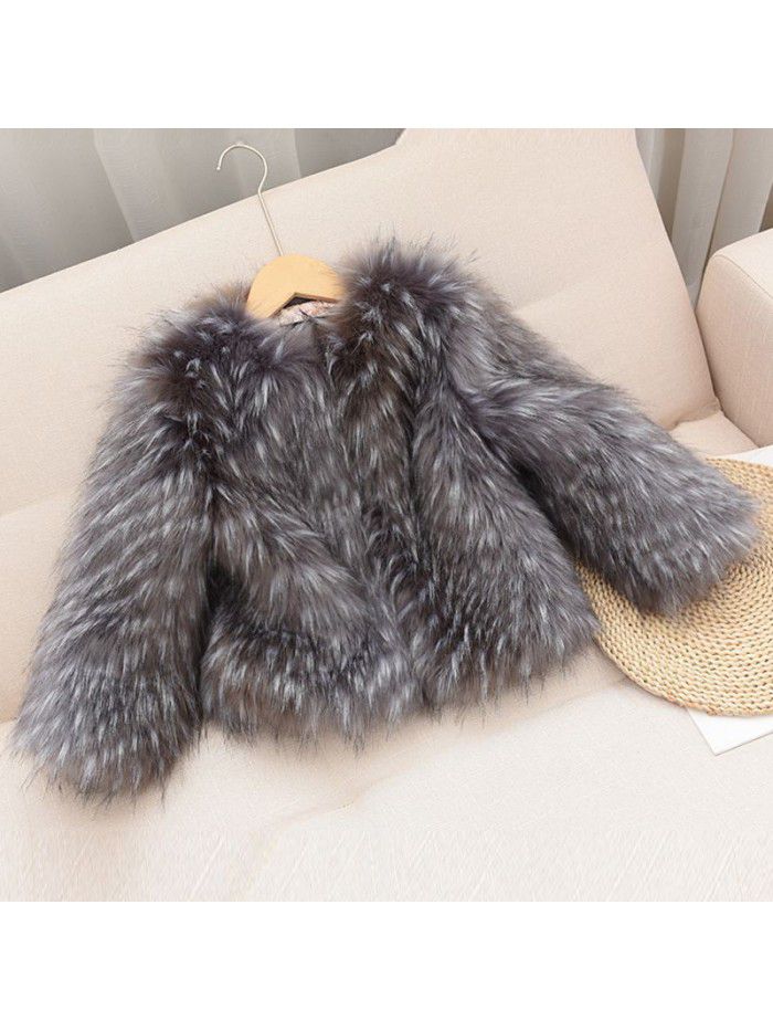 Autumn and Winter New Silver Fox Slim Korean Edition Imitation Fur Raccoon Dog Hair Round Neck Children's Fur Coat Fashion Cotton Coat