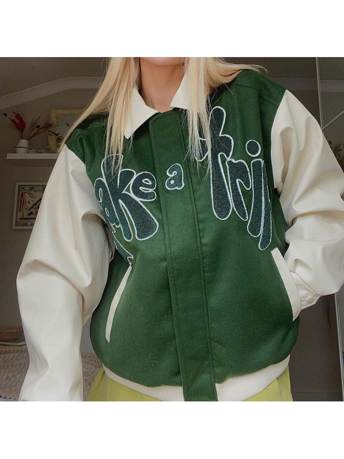 Autumn Fashion Polo Neck Jacket Loose Casual Coat Green Panel Flocking Embroidery Baseball Jersey