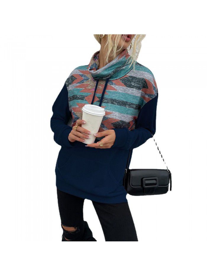 Autumn and Winter New Stacked Collar Pullover Fashion Printed Color Block Women's Sweater