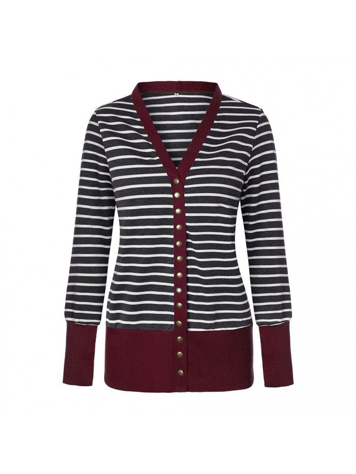 Women's striped patchwork medium length long sleeved single breasted cardigan jacket