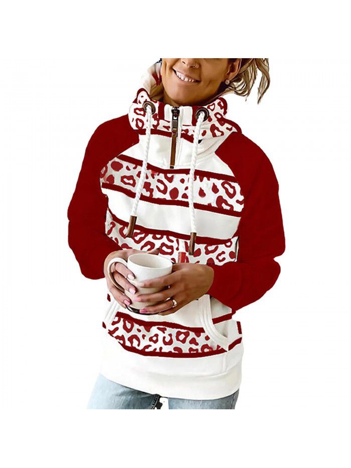 Autumn and winter women's printed hooded drawstring sweater loose fitting casual sweater for women