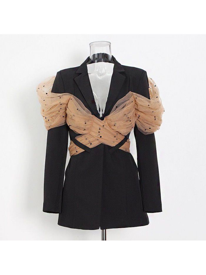Women's autumn patchwork mesh red black casual suit top with a suit jacket