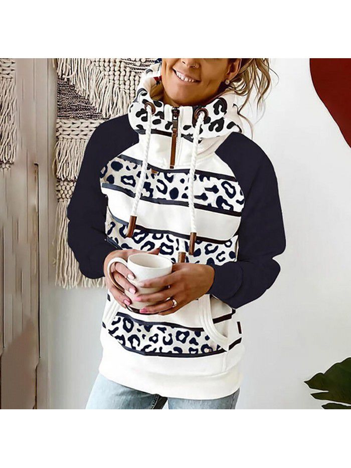 Autumn and winter women's printed hooded drawstring sweater loose fitting casual sweater for women