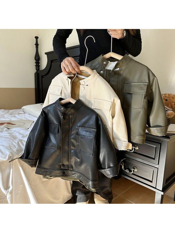 Boys' leather jacket, autumn outfit, new children's leather jacket, Korean version, girls' spring and autumn motorcycle clothing for small and medium-sized children