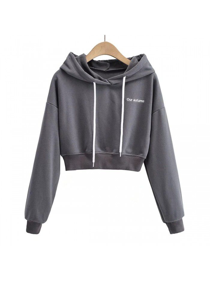 Letter embroidered hooded short lace up long sleeved pullover casual sweater