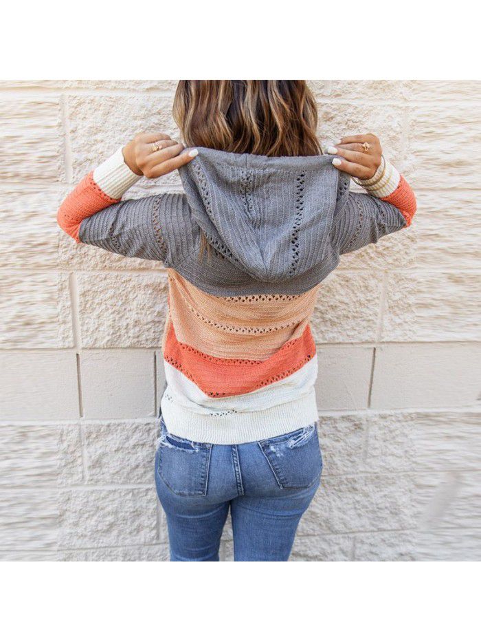 Knitted striped hooded sweater for women Spring and Autumn new long sleeved loose colored pullover top for women