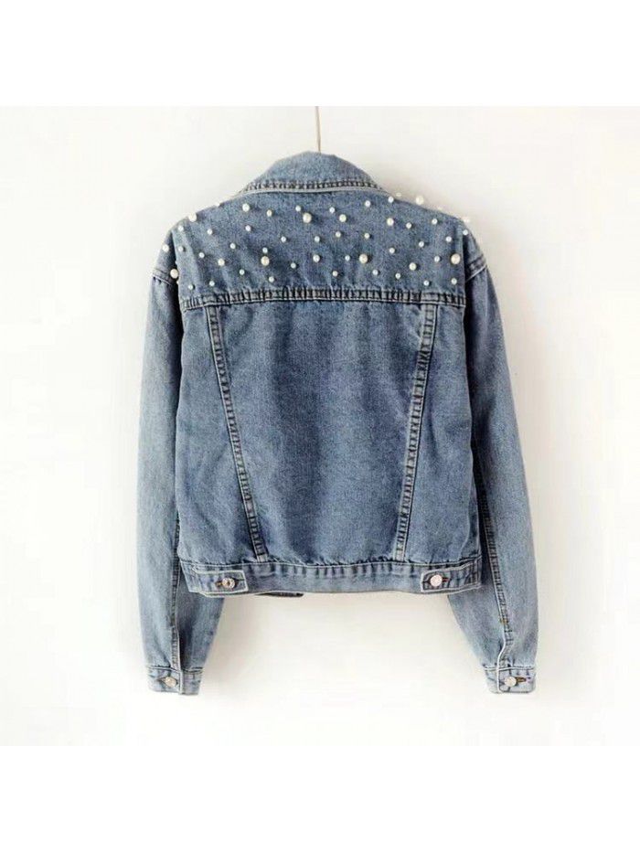 Women's short denim jacket Beaded pearl jacket Loose spring and autumn new denim jacket 
