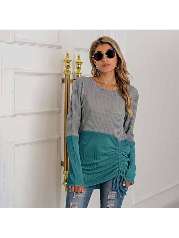 Splice knit shirt drawstring round neck versatile sweater women's large size