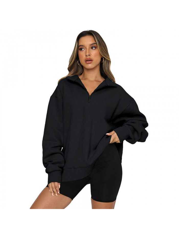 Women's Sweater Women's Autumn New Solid Color Half Zipper Pullover Long Sleeve Loose Top