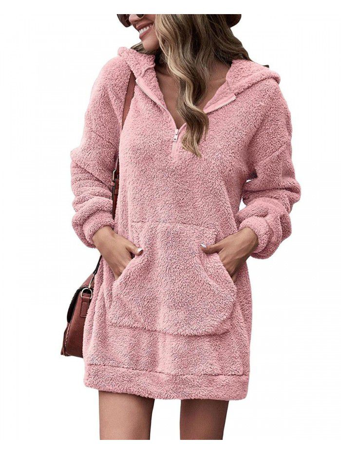 Autumn and Winter Women's Double Face Fleece Hoodie Loose Zip Plush Pocket Sweater Jacket 