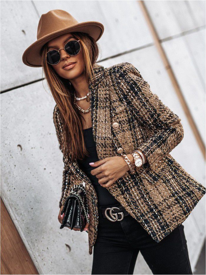Autumn and winter long-sleeved double-breasted suit collar printed jacket for women 