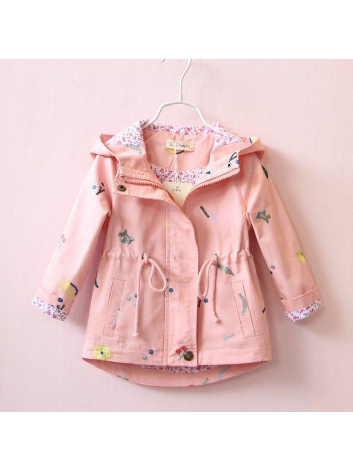 Spring Girls' All Cotton Flower Embroidered Windbreaker Drawstring Hooded Mid length Coat Top 