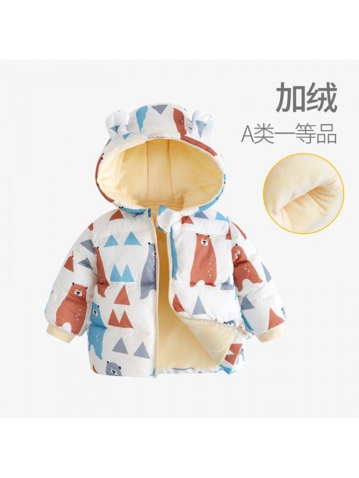 Baby's down cotton jacket, autumn and winter outdoor wear, foreign style plush hooded jacket, cute warm winter coat for boys and girls 