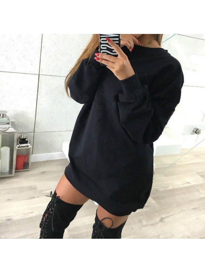 Winter New Casual Round Neck Solid Color Mid length Sweater Dress for Women