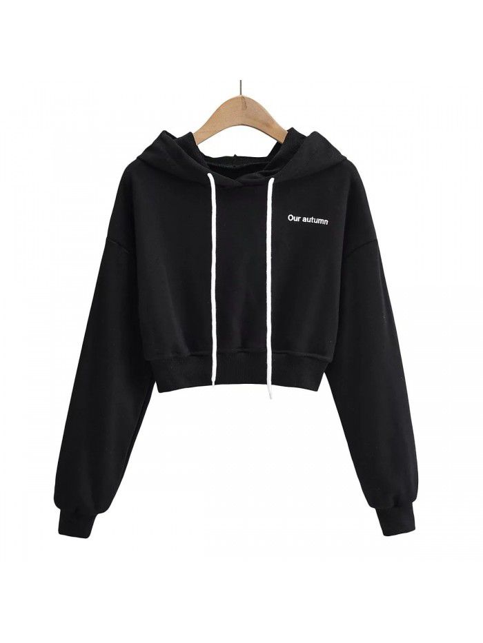 Letter embroidered hooded short lace up long sleeved pullover casual sweater