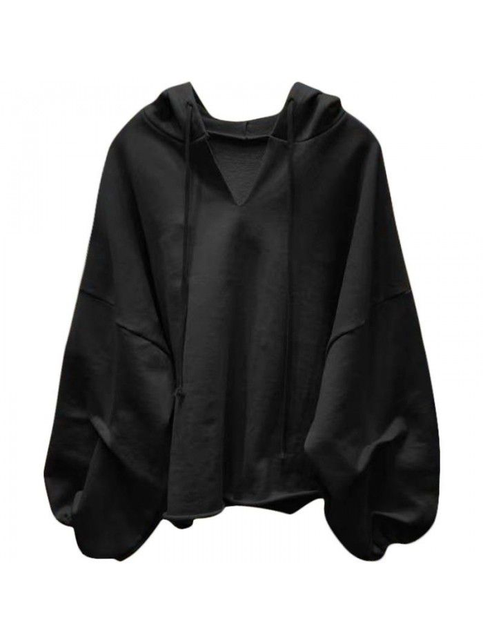 Cotton sweater Women's hooded Spring and Autumn New Thin Loose Korean version Solid V-neck Student Top Women's Wear 
