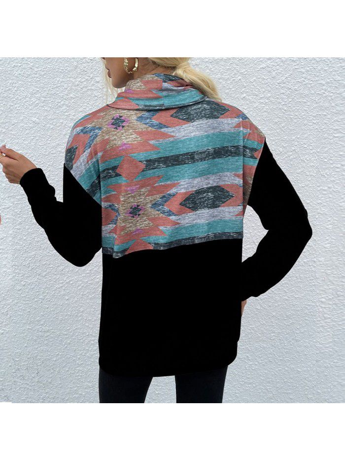 Autumn and Winter New Stacked Collar Pullover Fashion Printed Color Block Women's Sweater