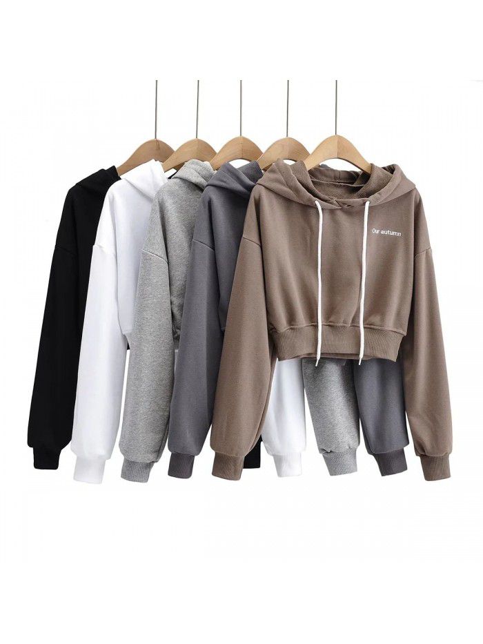 Letter embroidered hooded short lace up long sleeved pullover casual sweater