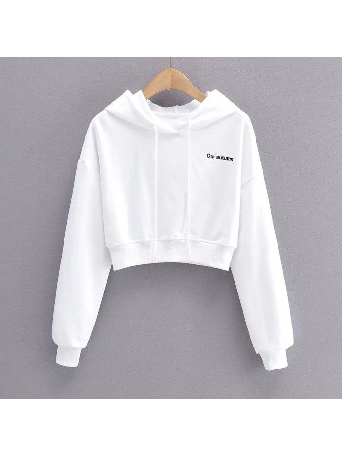 Letter embroidered hooded short lace up long sleeved pullover casual sweater