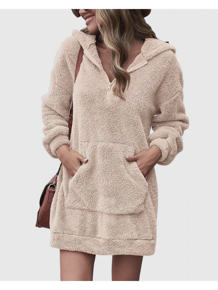 Autumn and Winter Women's Double Face Fleece Hoodie Loose Zip Plush Pocket Sweater Jacket 