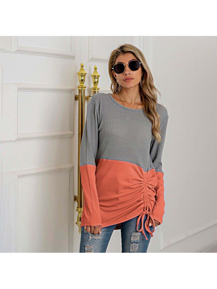 Splice knit shirt drawstring round neck versatile sweater women's large size