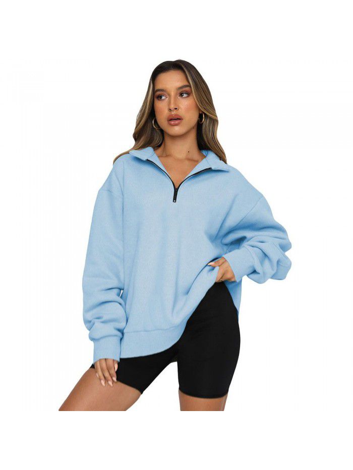 Shi Ying Zipper Lapel Large Sweater Women's Solid Loose Versatile Top