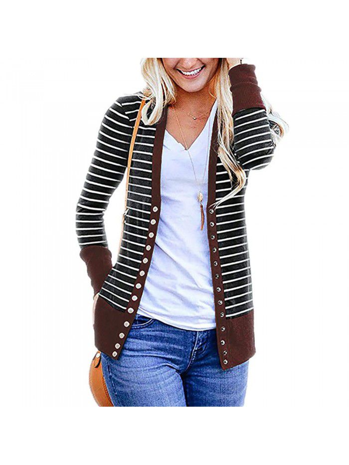 Women's striped patchwork medium length long sleeved single breasted cardigan jacket