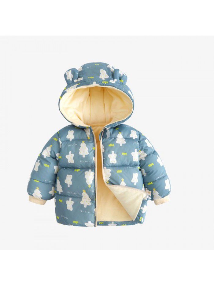 Baby's down cotton jacket, autumn and winter outdoor wear, foreign style plush hooded jacket, cute warm winter coat for boys and girls 