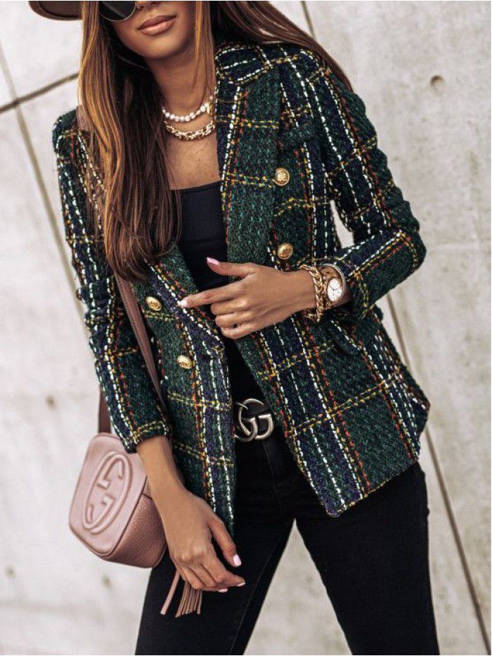 Autumn and winter long-sleeved double-breasted suit collar printed jacket for women 